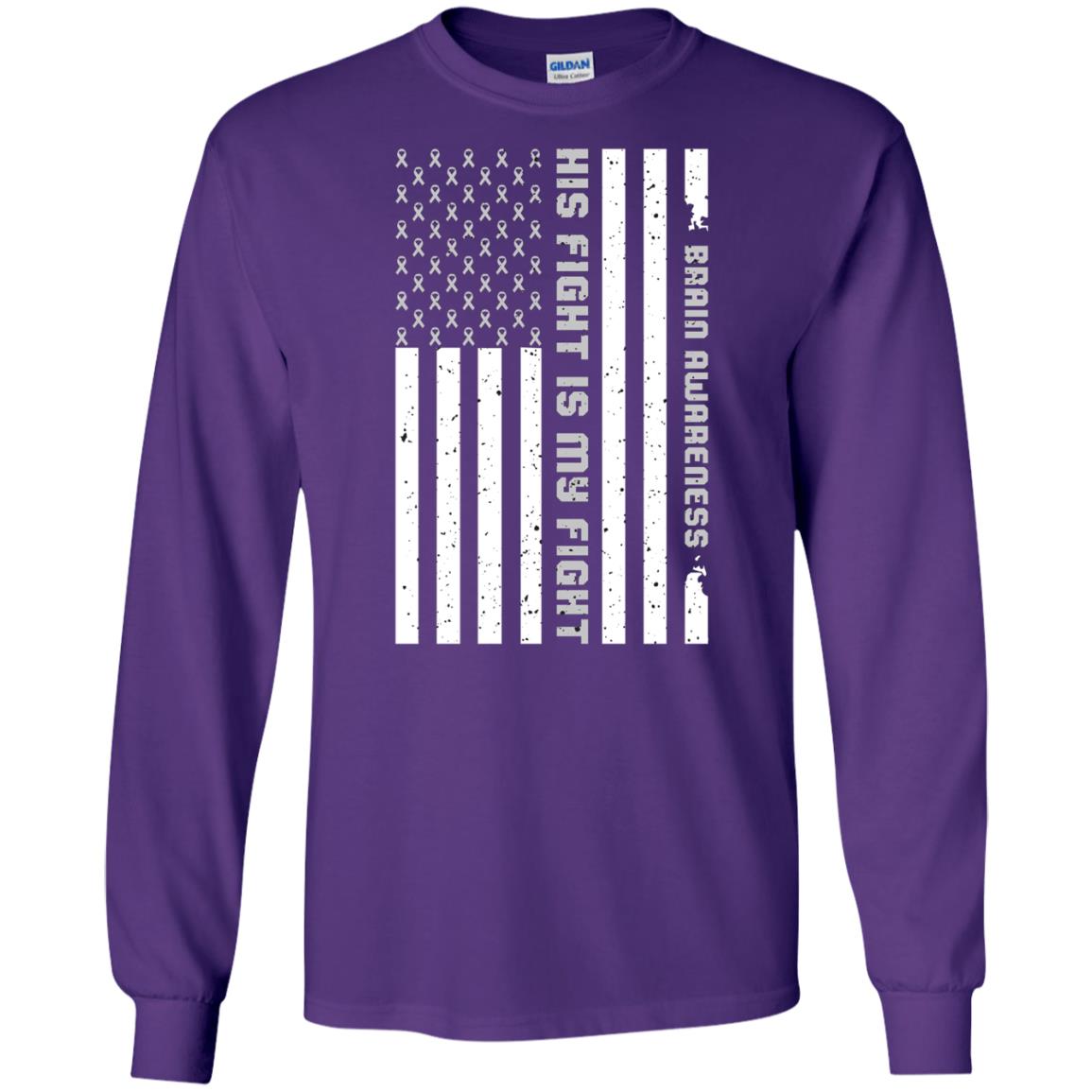 Brain Awareness His Fight Is My Fight Grey Ribbon Stars Flag Of Usa Shirt Purple