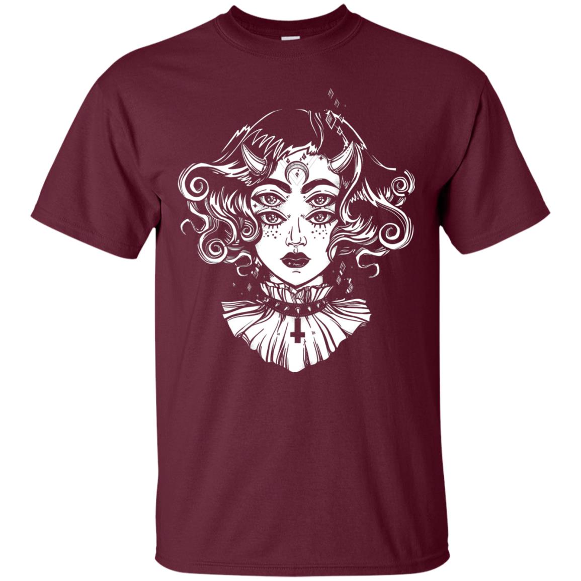 Horned Devil Girl Tshirt Satanic Halloween Glitch Goth Maroon