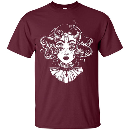 Horned Devil Girl Tshirt Satanic Halloween Glitch Goth Maroon