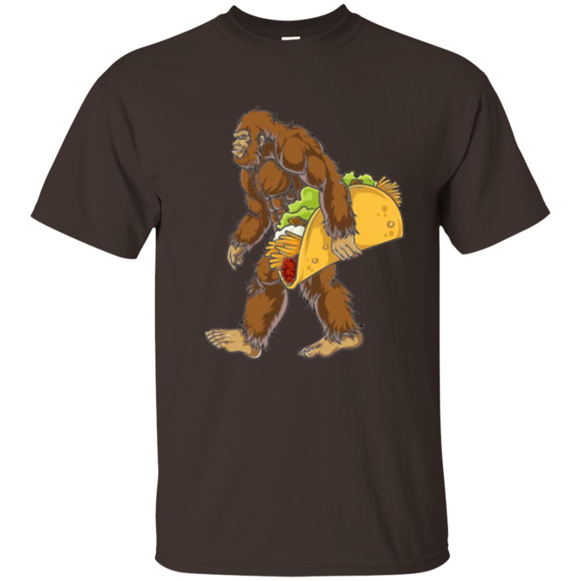 Camping T-shirt Bigfoot Sasquatch Carrying Taco Dark Chocolate