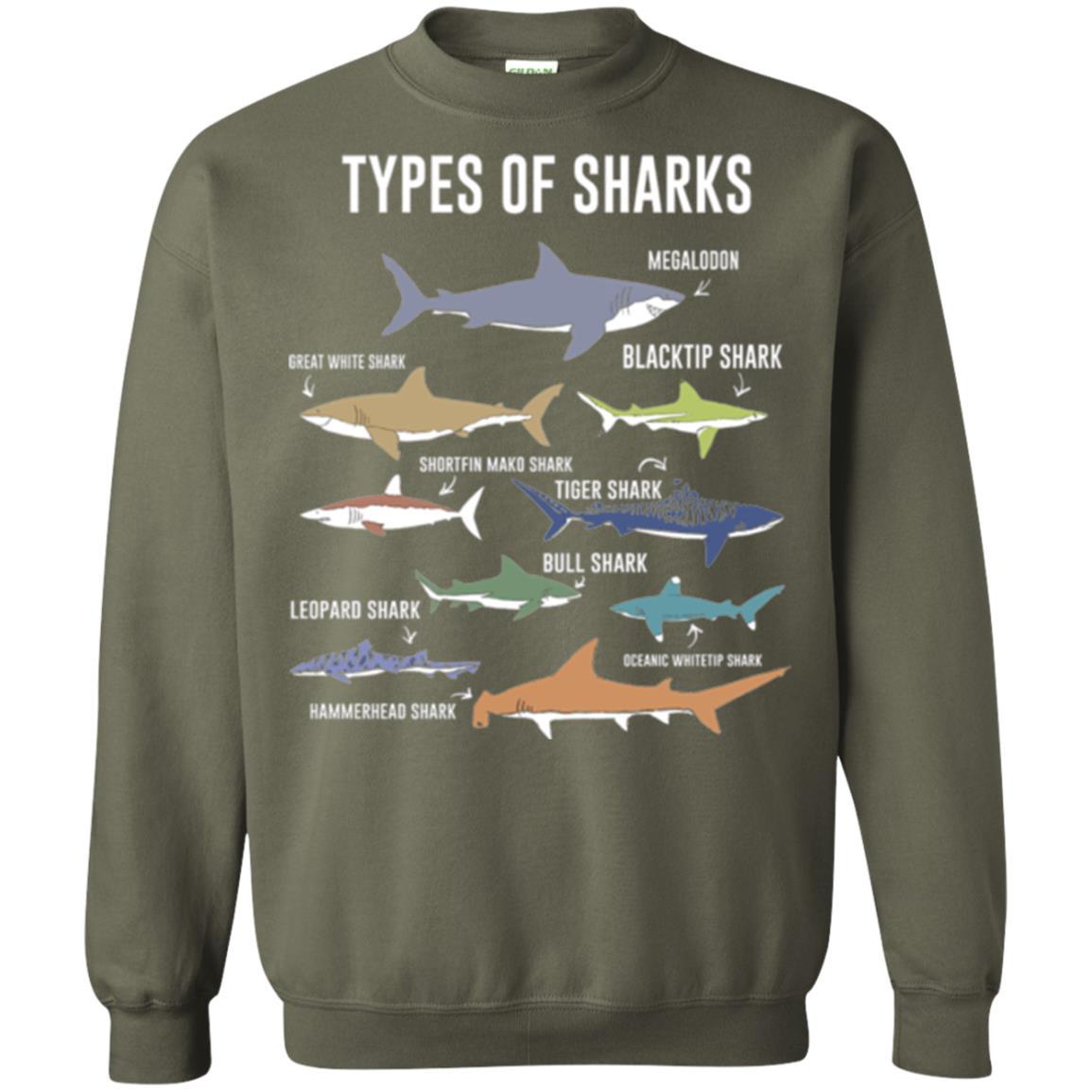 Shark Lover T-shirt 9 Types Of Sharks Ocean Military Green