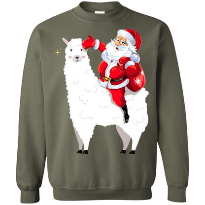 Alpaca Llama And Santa Claus X-mas Gift Shirt Military Green