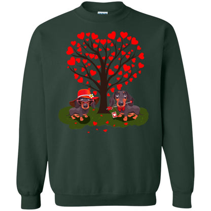 Valentine Dachshund Couple Heart Tree Shirt Forest Green