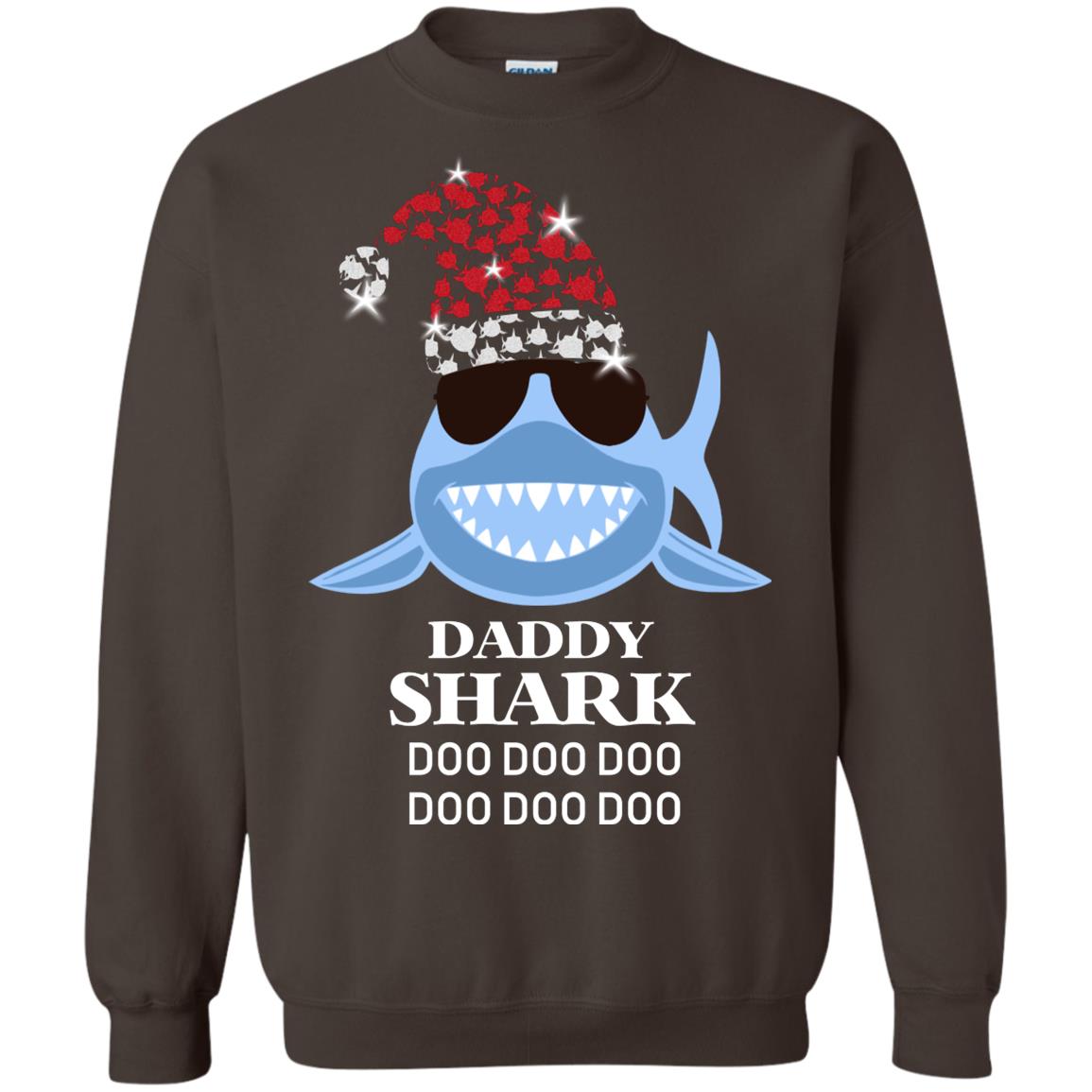 Daddy Shark With Santa Claus Hat Merry X-mas Family Shark Gift Shirt Dark Chocolate