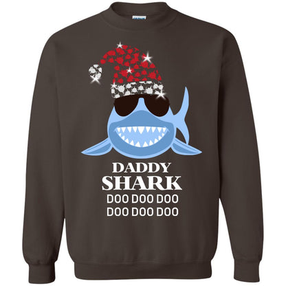Daddy Shark With Santa Claus Hat Merry X-mas Family Shark Gift Shirt Dark Chocolate