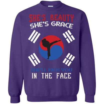 She’s Beauty She’s Grace She’ll Kick You In The Face Taekwondo T-shirt Purple