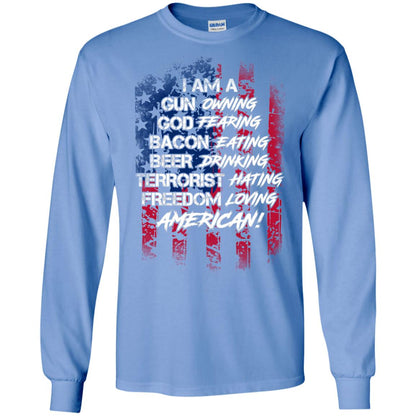 Military T-shirt I Am A Gun Owning God Fearing Bacon Eating Carolina Blue