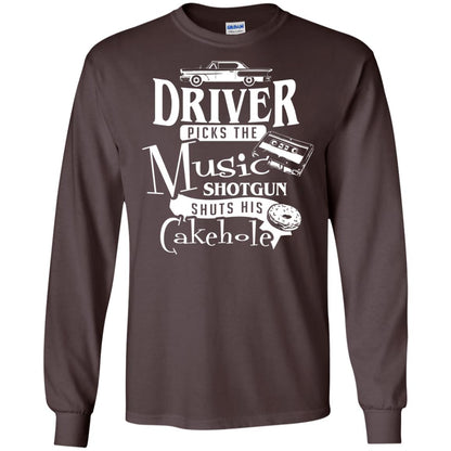 Driver Picks The Music Shotgun Shuts His Cakehole T-shirt Dark Chocolate