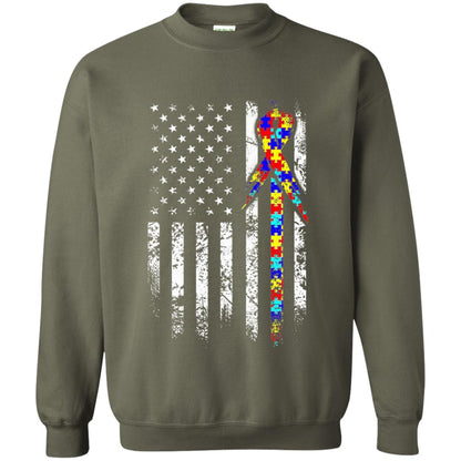 American Flag Distressed Autism Awareness T-shirt Military Green