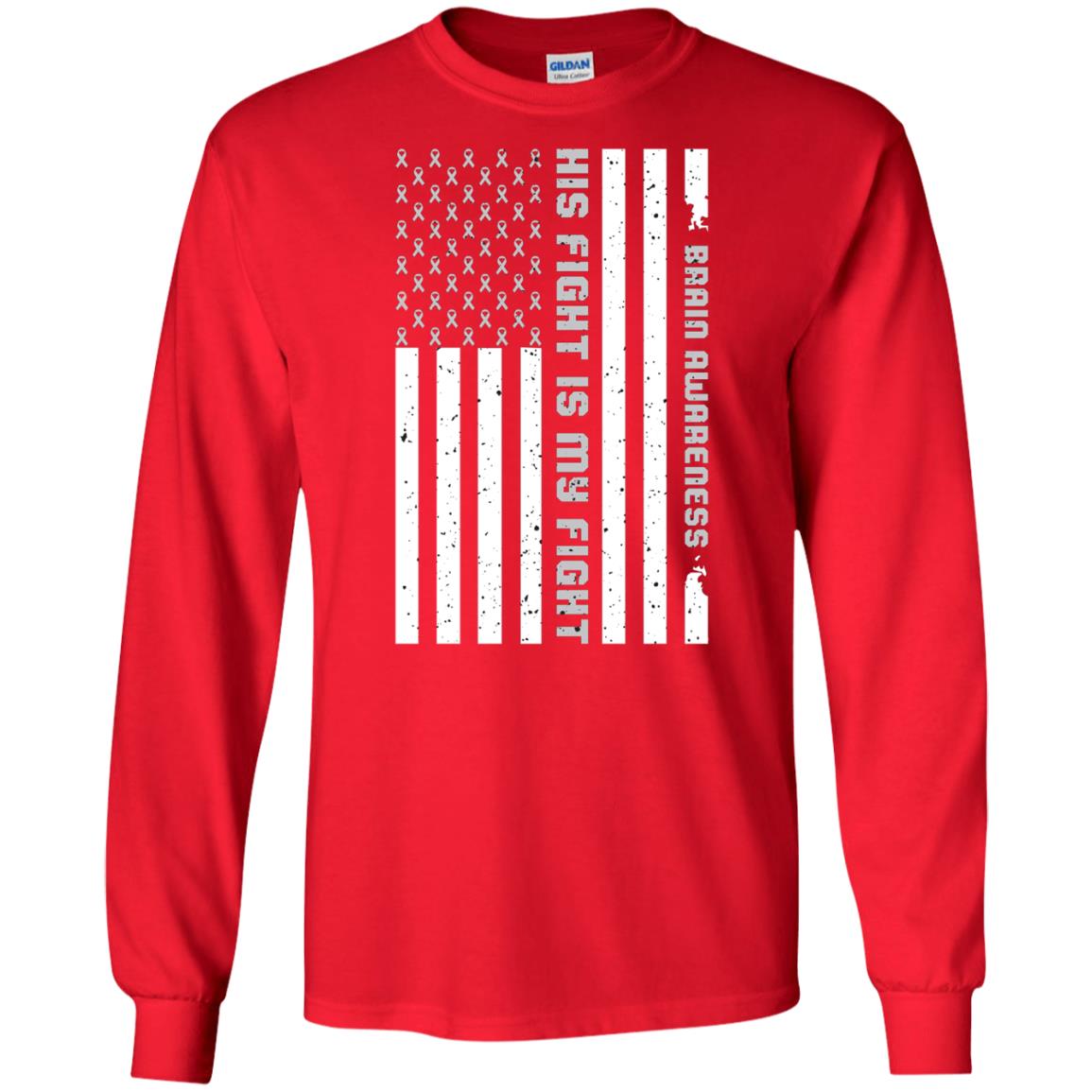 Brain Awareness His Fight Is My Fight Grey Ribbon Stars Flag Of Usa Shirt Red