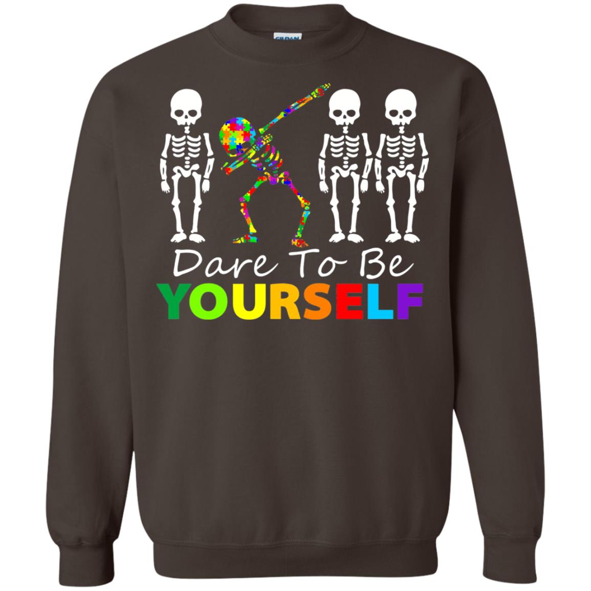 Skeleton Dabbing Dare To Be Yourself Autism Awareness Shirt Dark Chocolate