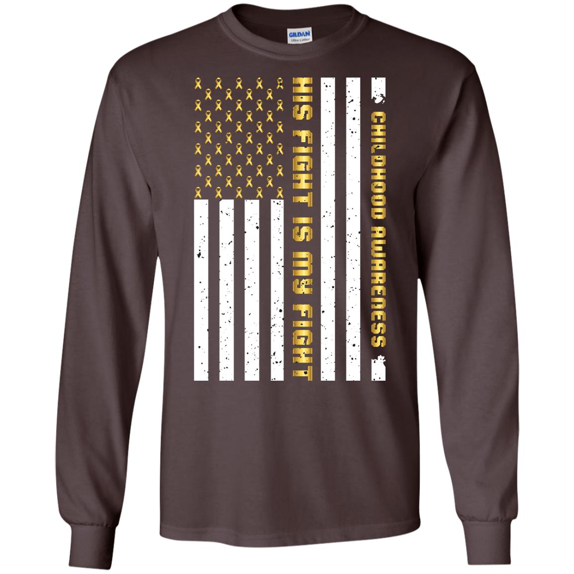 Childhood Awareness His Fight Is My Fight Gold Ribbon Stars Flag Of Usa Shirt Dark Chocolate