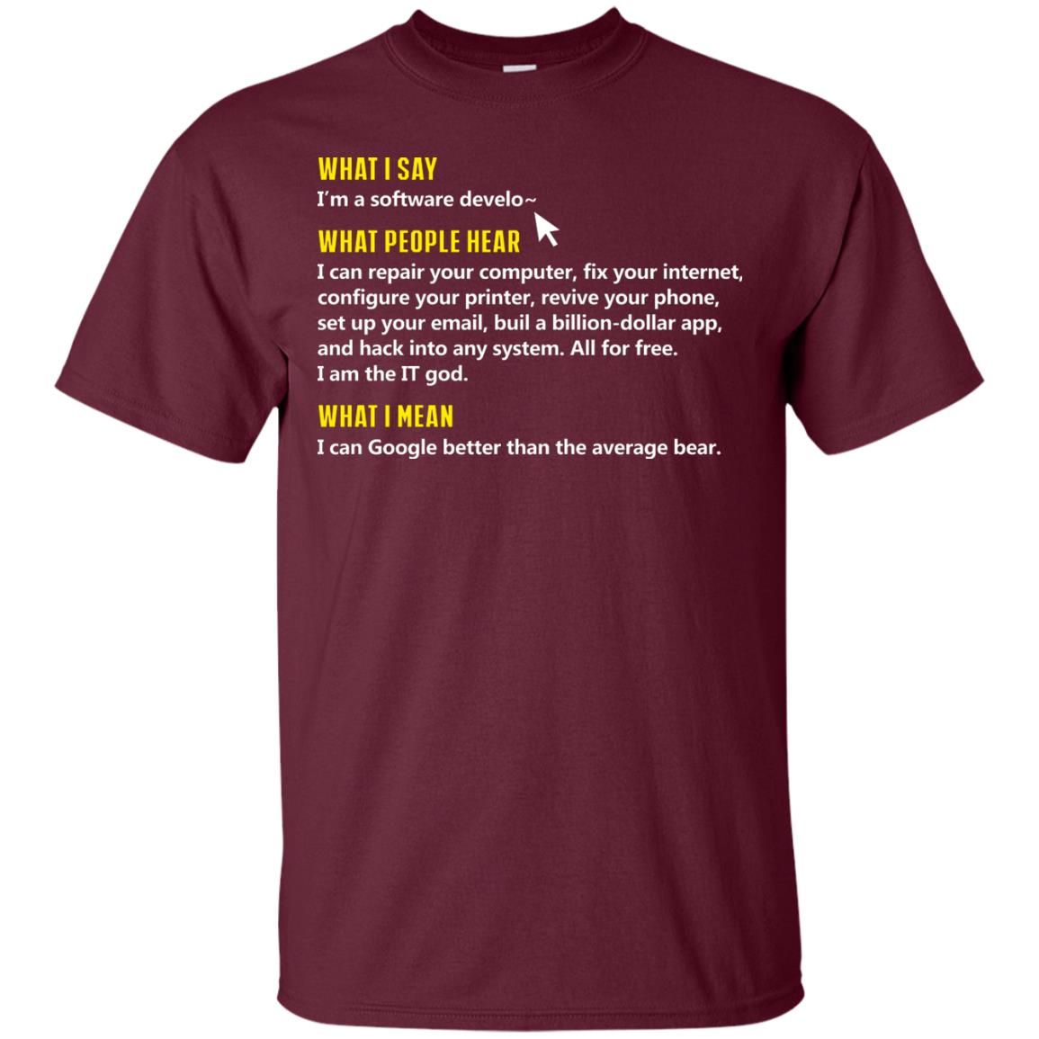 What I Say I_m A Software Develop What People Hear Shirt Maroon
