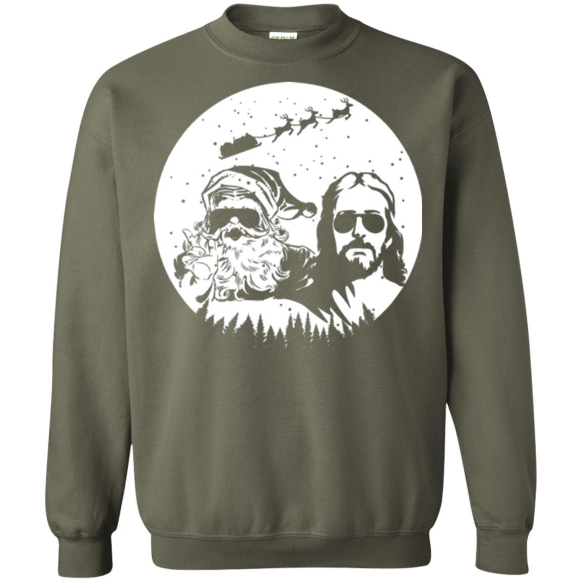 Christmas T-shirt Jesus And Santa Claus Military Green