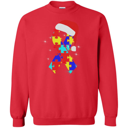 Autism Puzzle Ribbon Santa Hat X-mas Gift Shirt Red