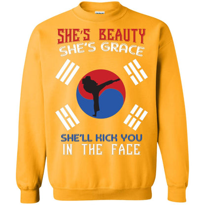 She’s Beauty She’s Grace She’ll Kick You In The Face Taekwondo T-shirt Gold
