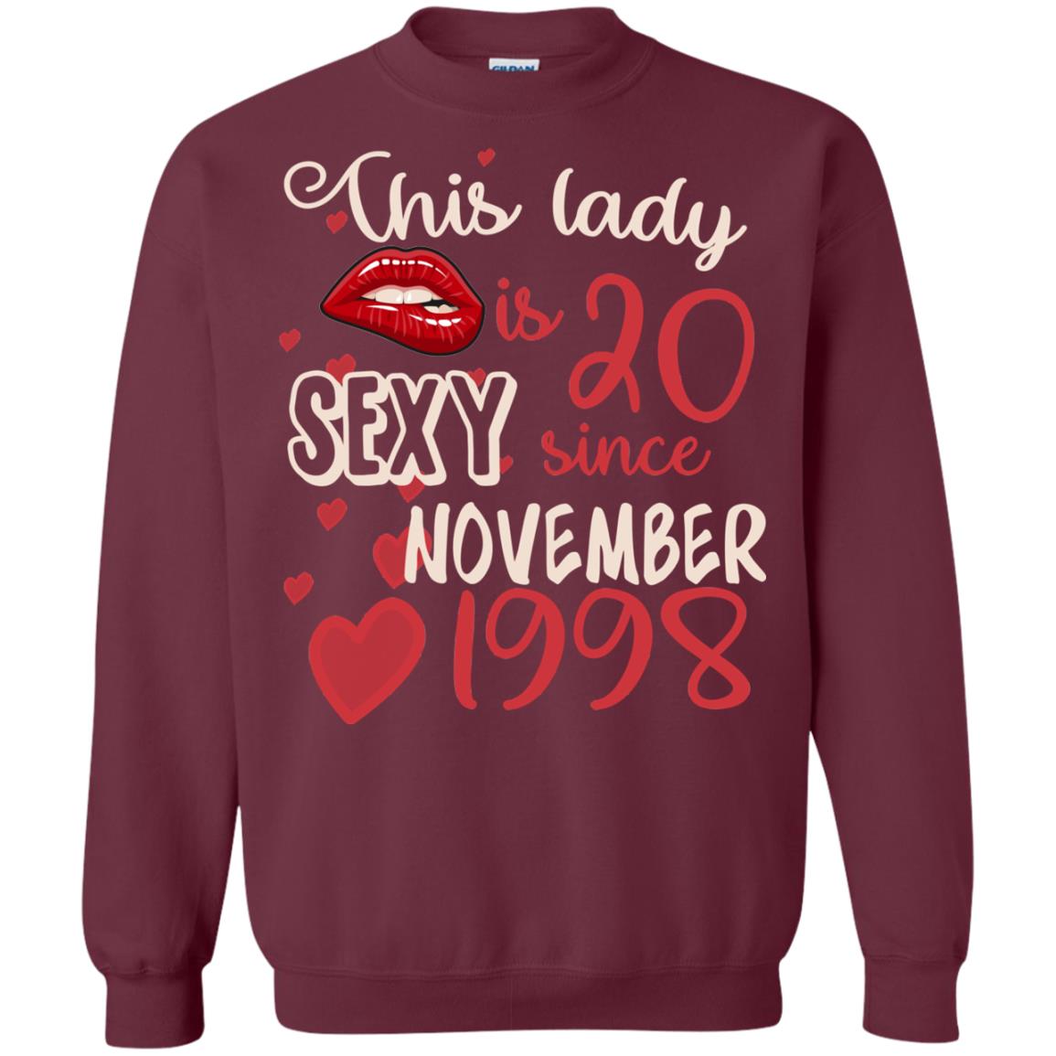 This Lady Is 20 Sexy Since November 1998 20th Birthday Shirt For November Womens Maroon