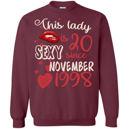 This Lady Is 20 Sexy Since November 1998 20th Birthday Shirt For November Womens Maroon