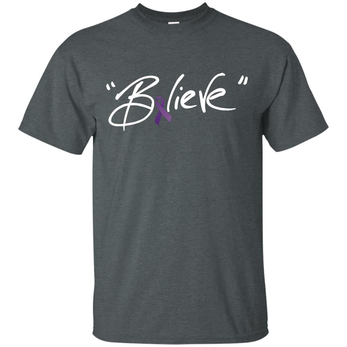 Pancreatic Leiomyosarcoma Symptoms Awareness Shirt Purple Ribbon Believe Dark Heather
