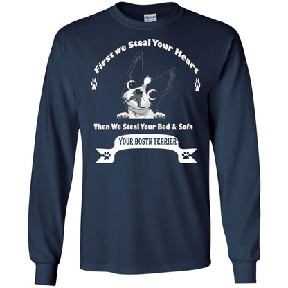 Frist We Steal Your Heart Boston Terrier T-shirt Navy