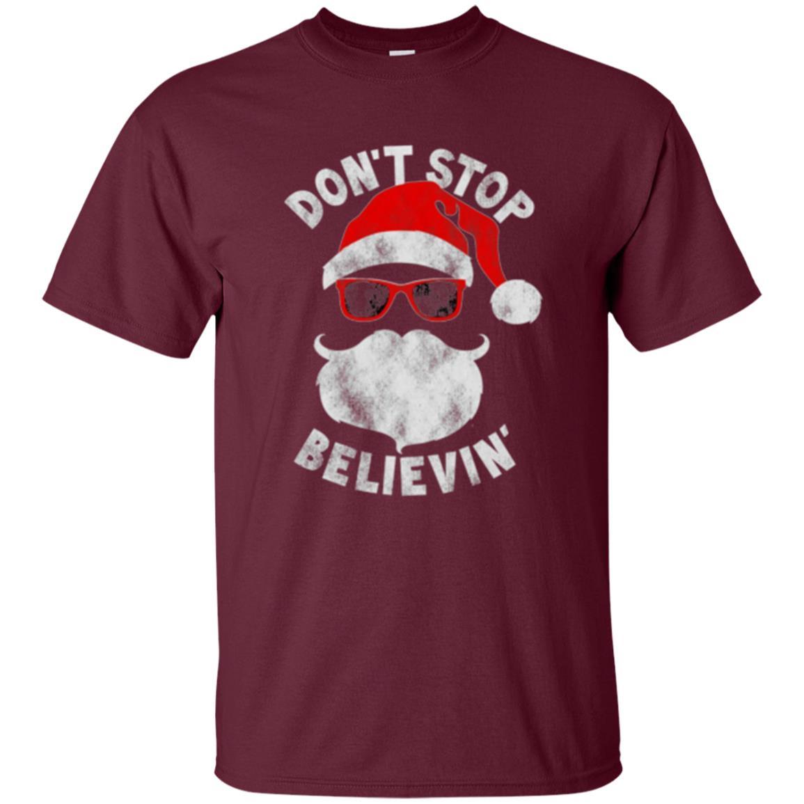 Christmas T-shirt Don't Stop Believing Cool Shades Santa Maroon