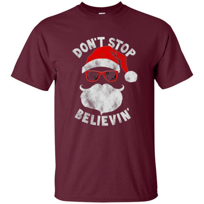 Christmas T-shirt Don't Stop Believing Cool Shades Santa Maroon