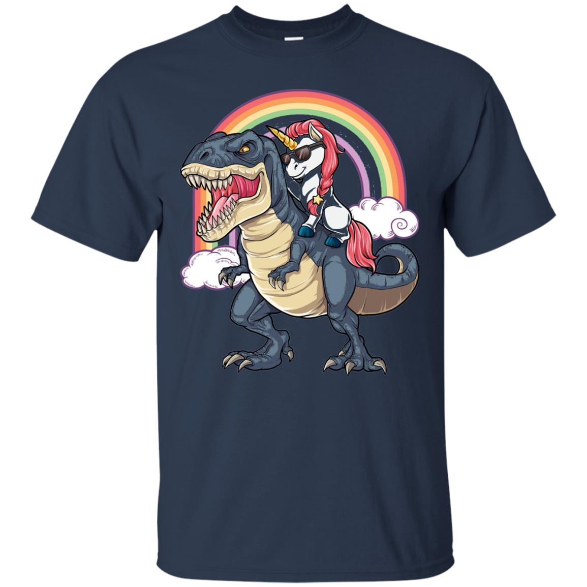 Unicorn Riding Dinosaur Unicorns Rainbow T-shirt Navy