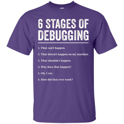 Programmer T-shirt 6 Stages Of Debugging Purple