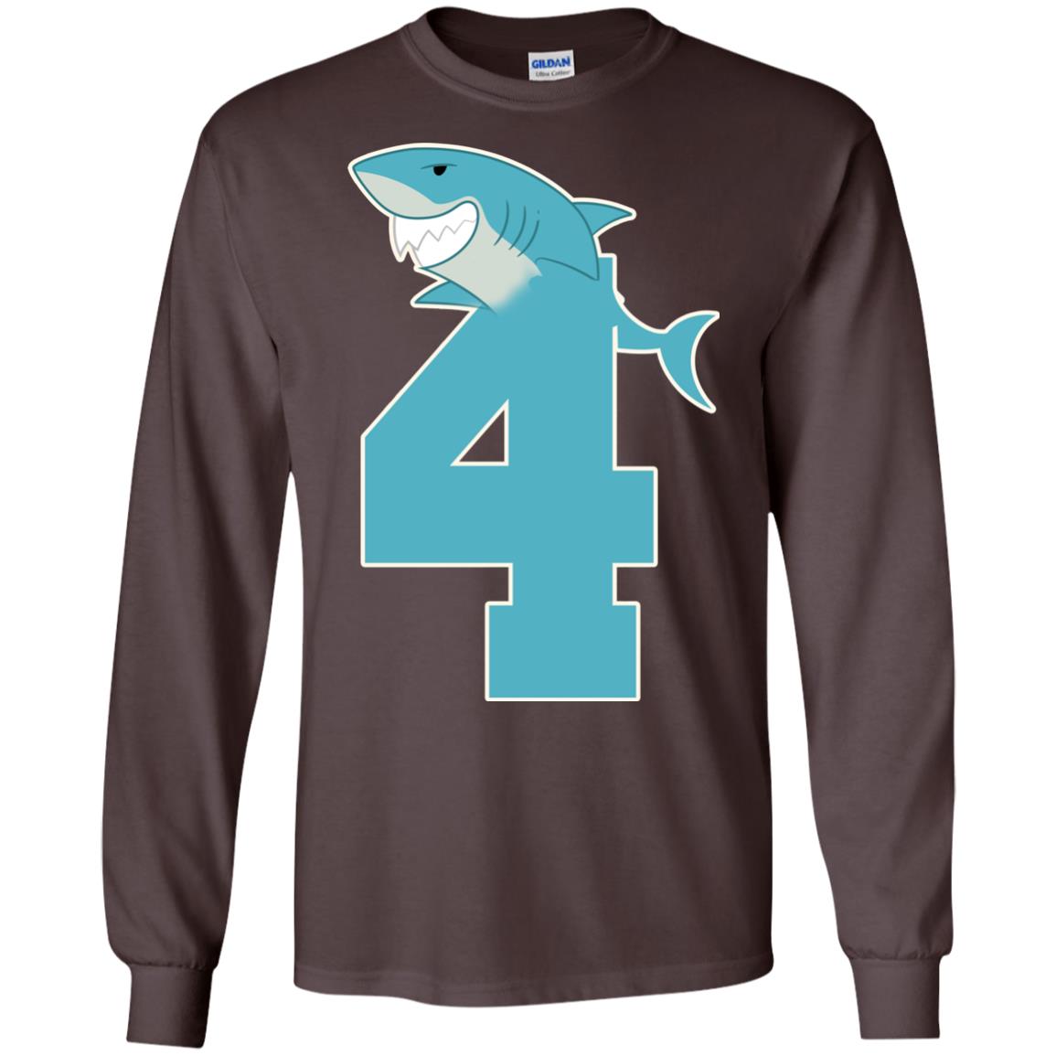 4th Birthday Shark Party Shirt Dark Chocolate