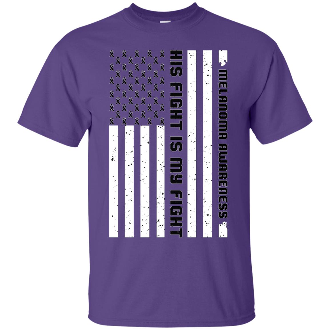 Melanoma Awareness His Fight Is My Fight Black Ribbon Stars Flag Of Usa Shirt Purple