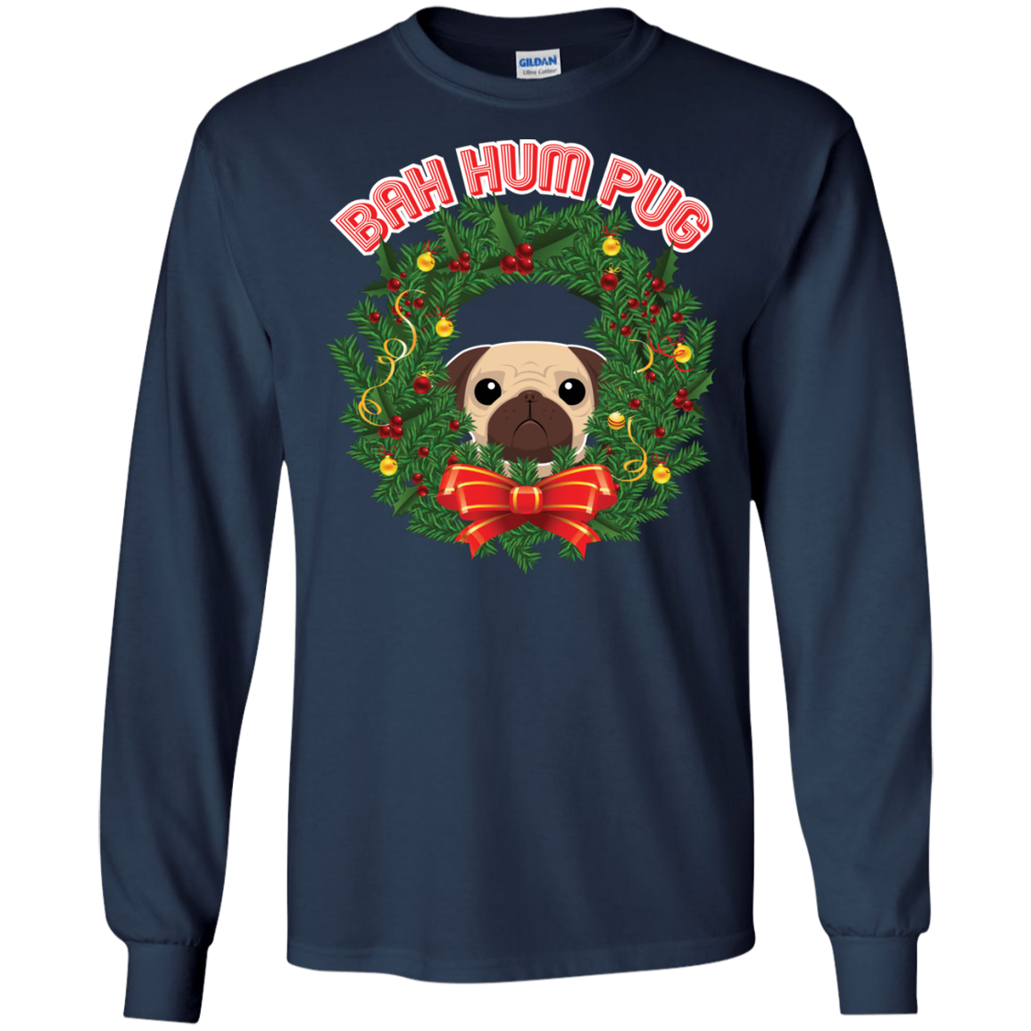 Christmas T-Shirt Bah Hum Pug Navy