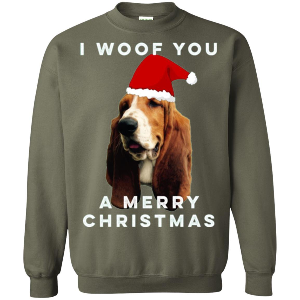 Basset Hound T-shirt I Woof You A Merry Christmas Military Green
