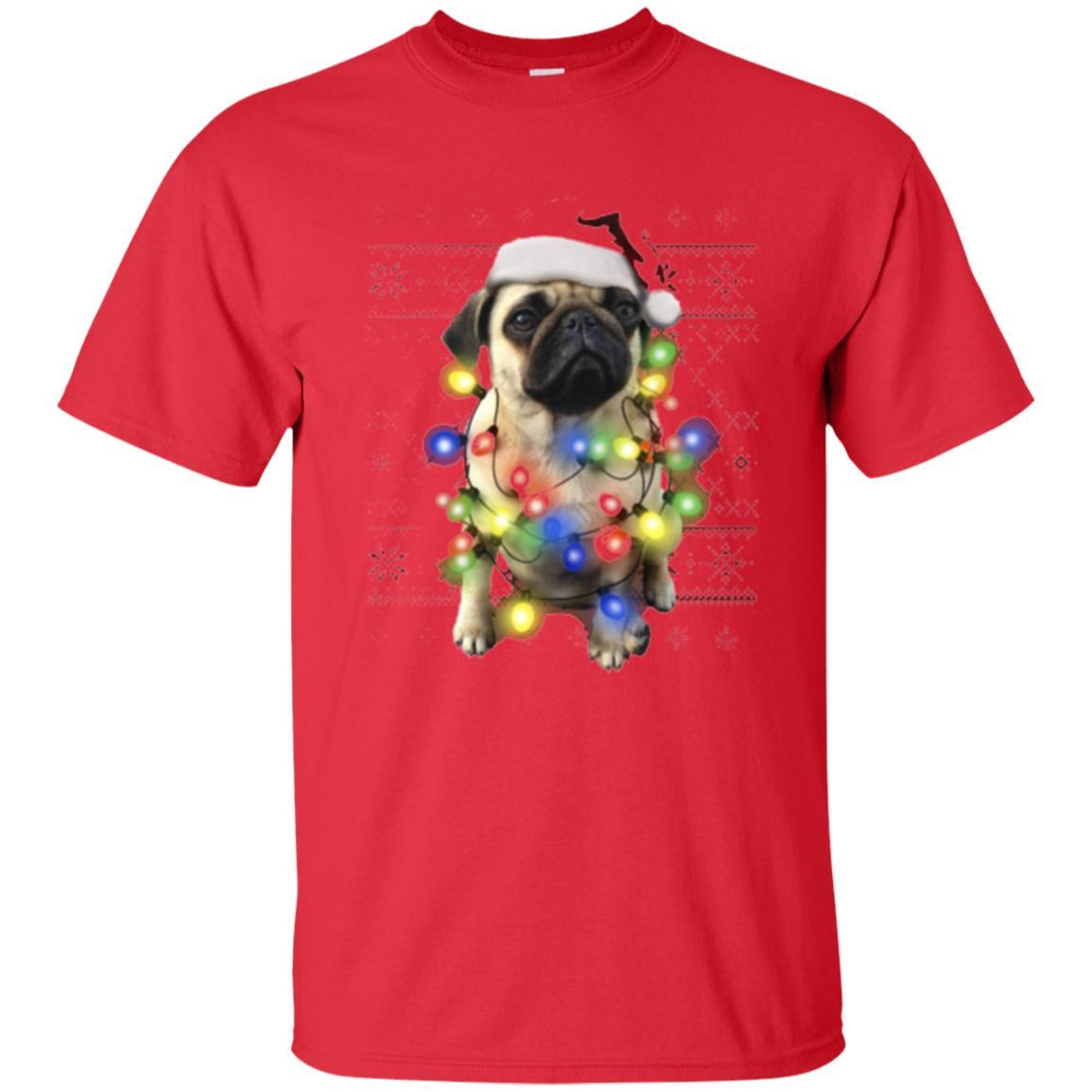 Dog Lover T-shirt Ugly Sweater Photoreal Christmas Lights Pug Graphic Red