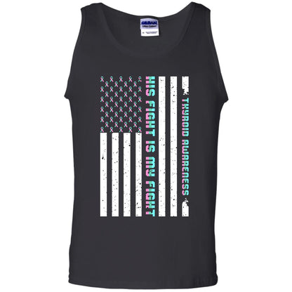 Thyroid Awareness His Fight Is My Fight Teal Pink Blue Ribbon Stars Flag Of Usa Shirt Black