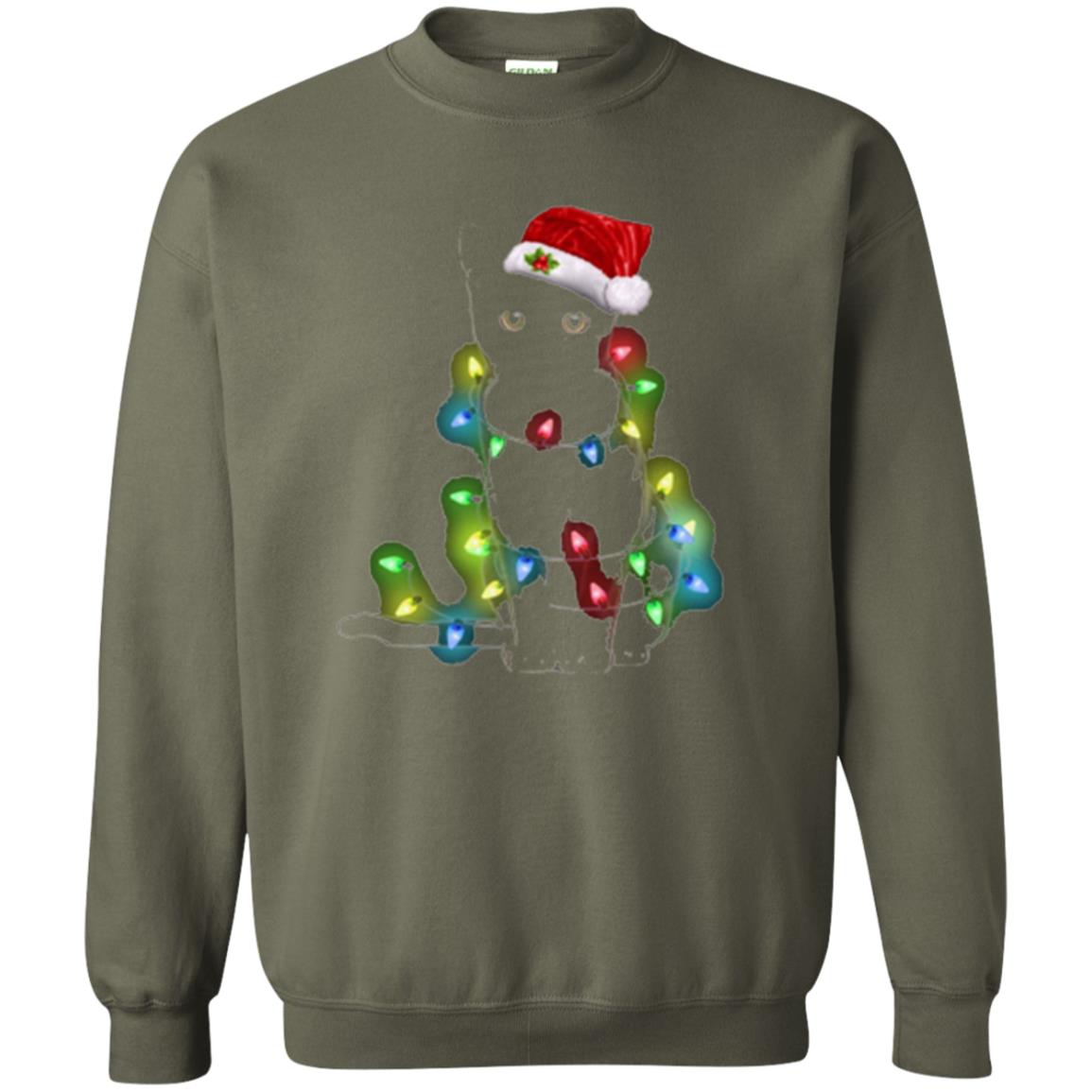 Christmas T-shirt Cat And Lights Military Green