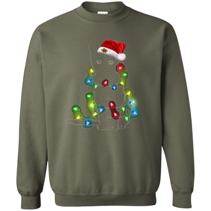 Christmas T-shirt Cat And Lights Military Green