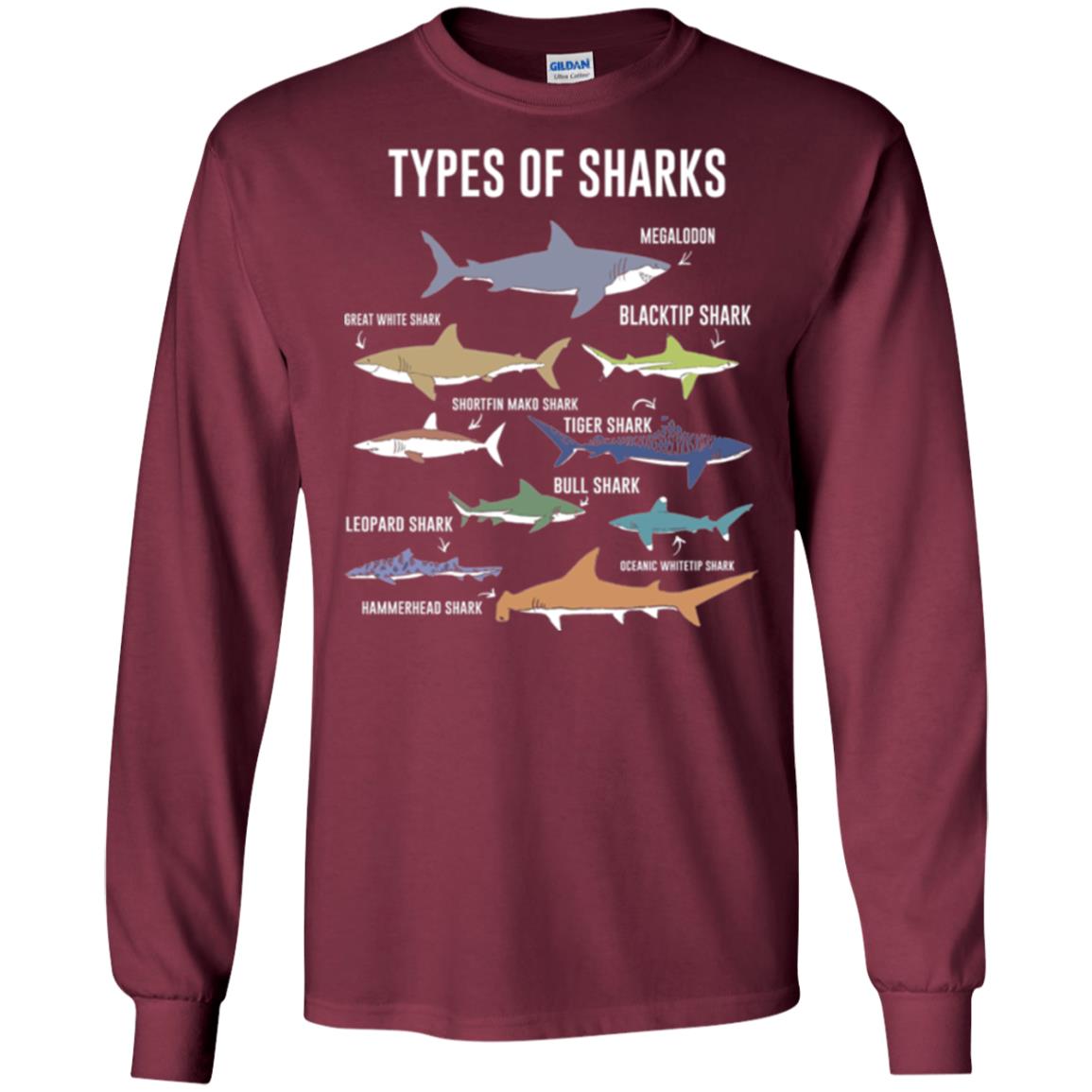 Shark Lovers T-shirt 9 Types Of Sharks Ocean Maroon