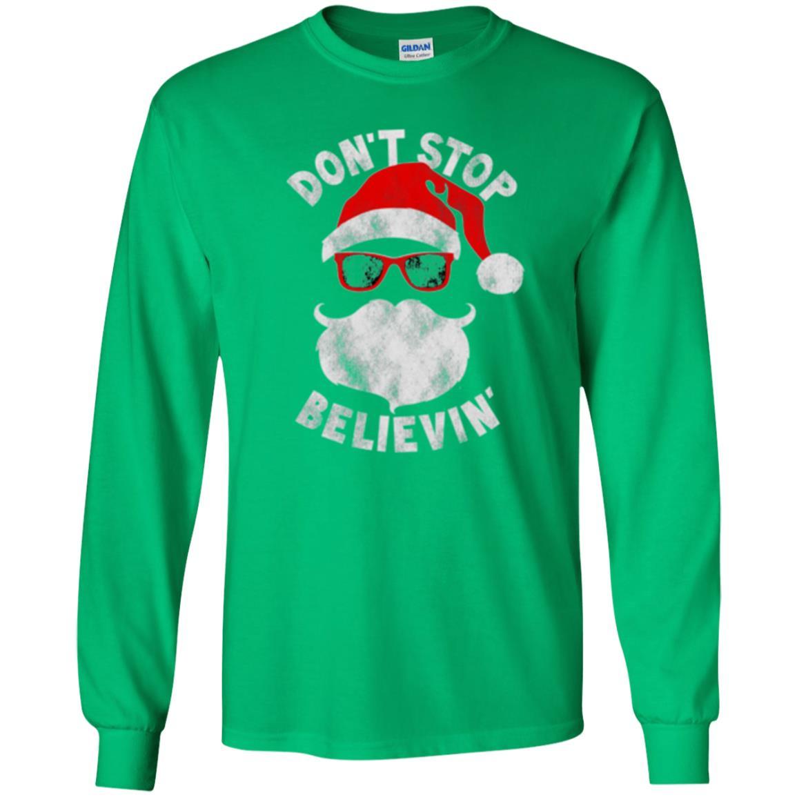 Christmas T-shirt Don't Stop Believing Cool Shades Santa Irish Green