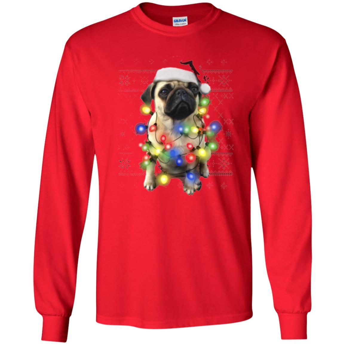 Dog Lover T-shirt Ugly Sweater Photoreal Christmas Lights Pug Graphic Red