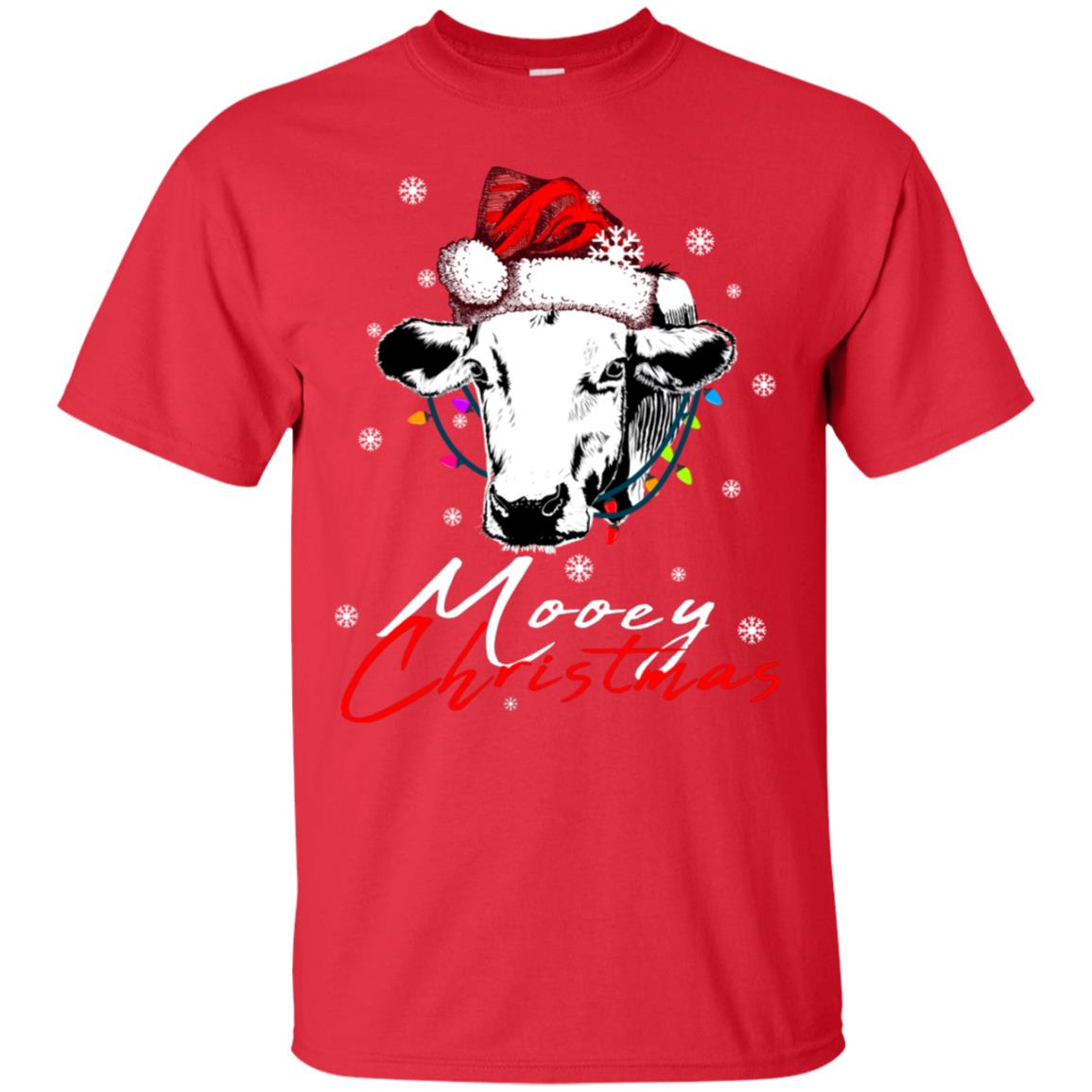 Mooey Merry Christmas X-mas Cow With Santa Hat And Lights Gift Shirt Red
