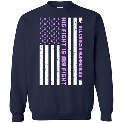 All Cancer Awareness His Fight Is My Fight Lavender Ribbon Stars Flag Of Usa Shirt Navy