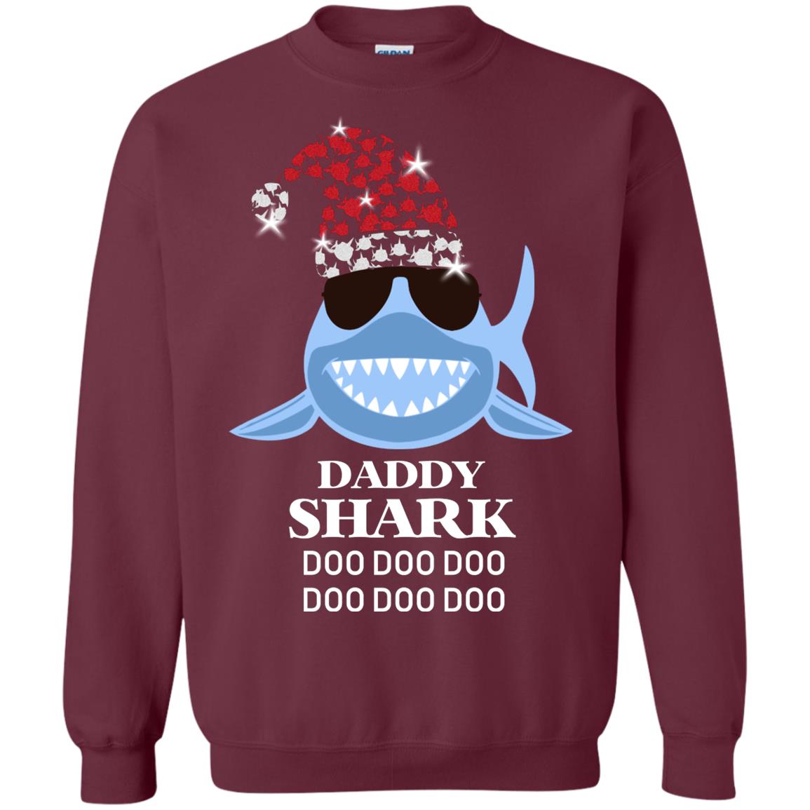 Daddy Shark With Santa Claus Hat Merry X-mas Family Shark Gift Shirt Maroon