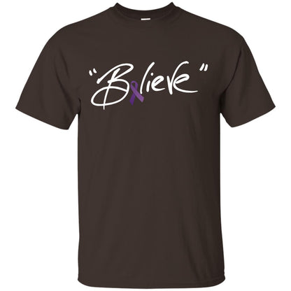 Pancreatic Leiomyosarcoma Symptoms Awareness Shirt Purple Ribbon Believe Dark Chocolate