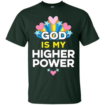 Funny Christian T-shirt God Is My Higher Power Hearts Stars Forest Green