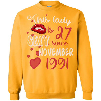 This Lady Is 27 Sexy Since November 1991 27th Birthday Shirt For November Womens Gold