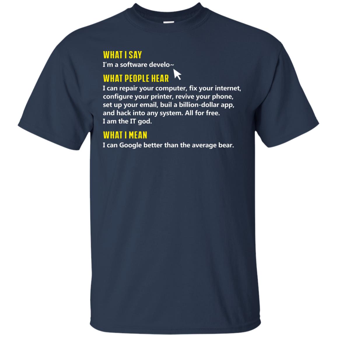 What I Say I_m A Software Develop What People Hear Shirt Navy