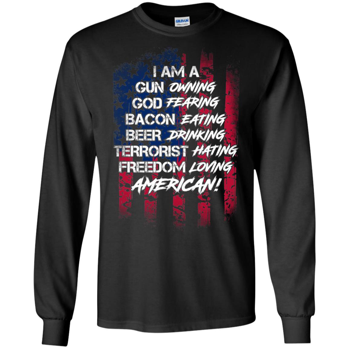 Military T-shirt I Am A Gun Owning God Fearing Bacon Eating Black
