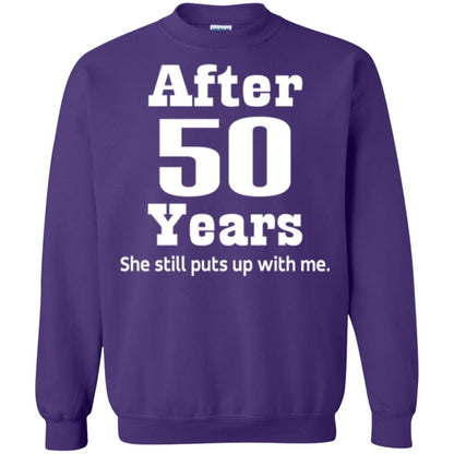 50th Anniversary T-shirt She Still Put Up With Me Purple