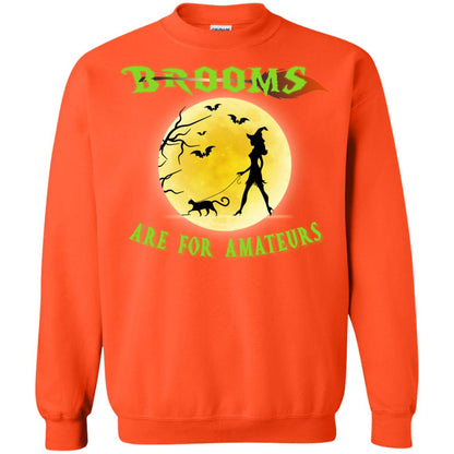 Brooms Are For Amateurs Witches Walk With Cat Funny Halloween Shirt Orange