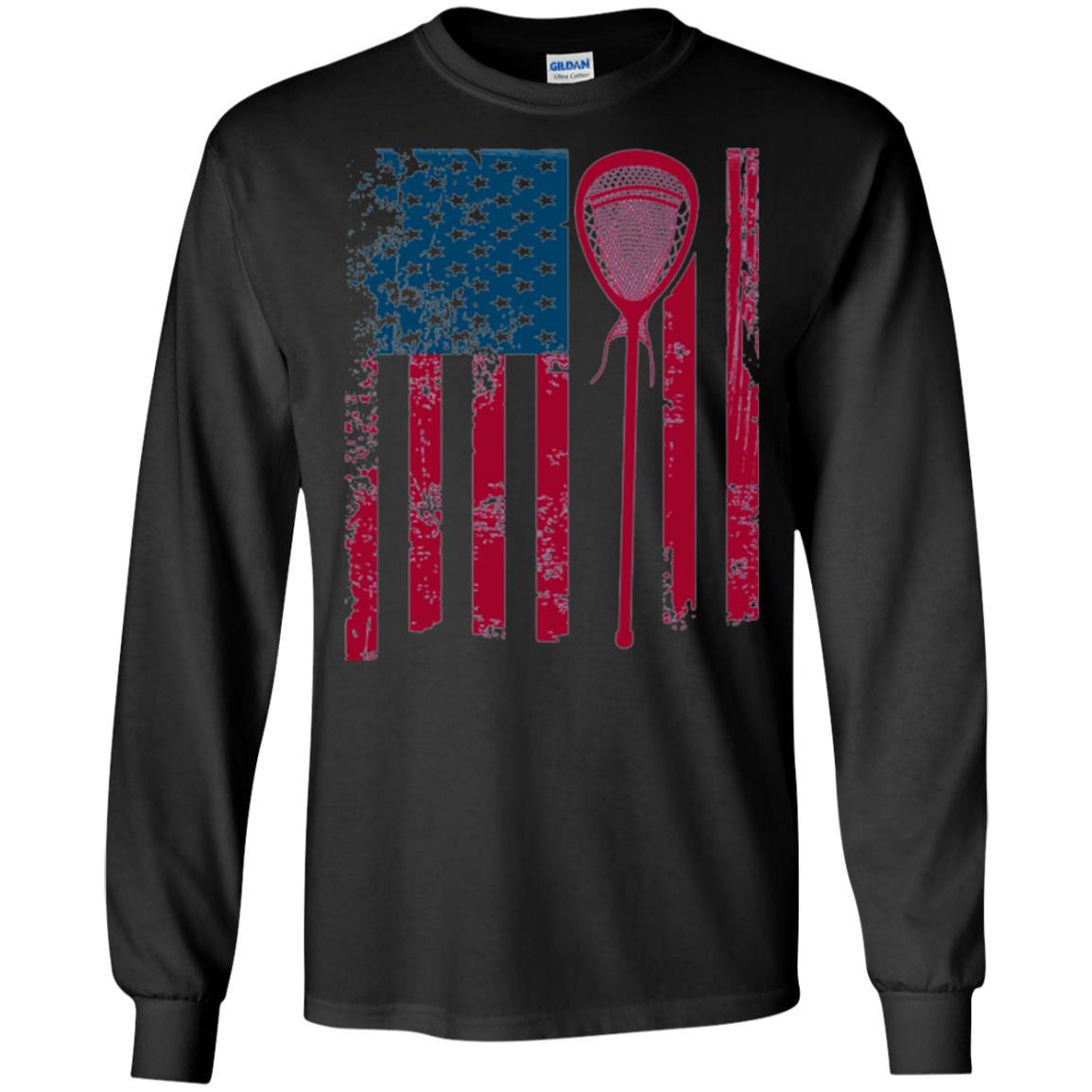 Lacrosse Player T-shirt Lacrosse American Flag Stick Black